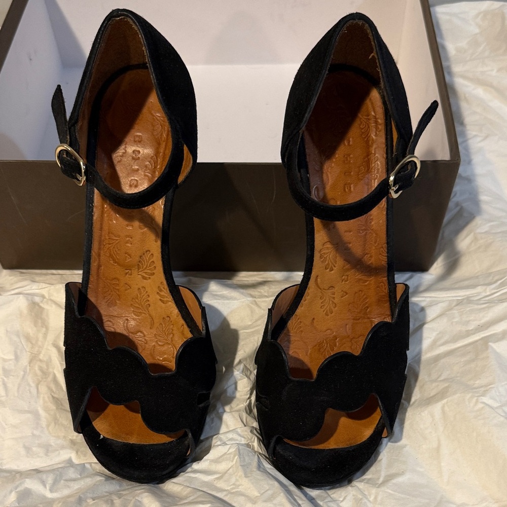 Chie Mihara Black Scalloped Ankle Strap Heels